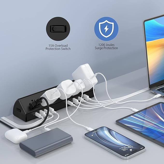 Desk Clamp Power Strip 65W Fast Charging Station, 4 PD USB-C, 5 Outlets