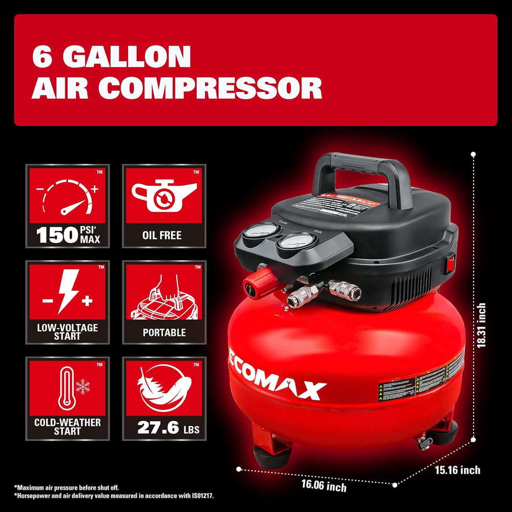 ECOMAX 6 Gallon Pancake Air Compressor 150PSI, 2.6 CFM @ 90 PSI Red