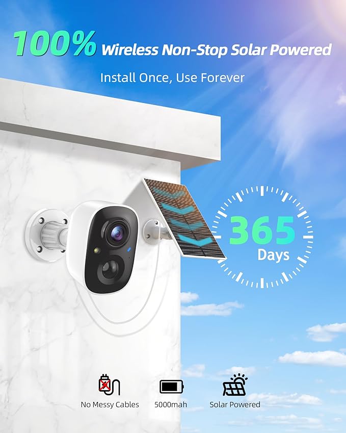 MaxiViz Solar Camera Outdoor Wireless, 2.4GHz Wi-Fi Security Camera