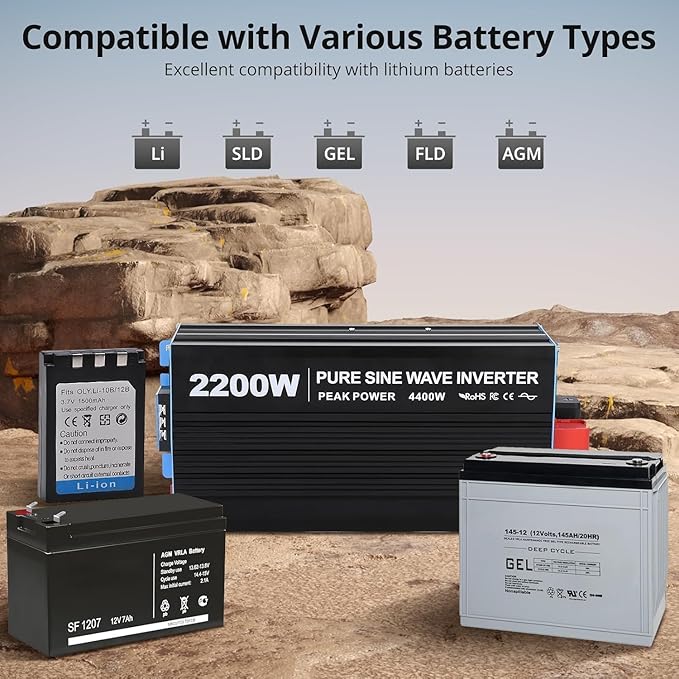 2200W Pure Sine Wave Inverter, 1 USB Port 5v/2.4a, LCD Display&Remote Con...