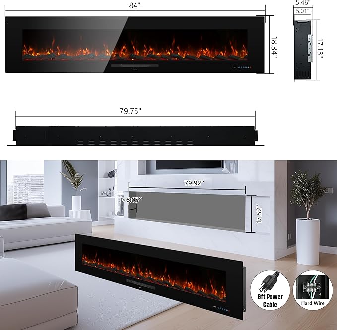 84 inches Electric Fireplace, Recessed & Wall Mounted Fireplace Heater 13...