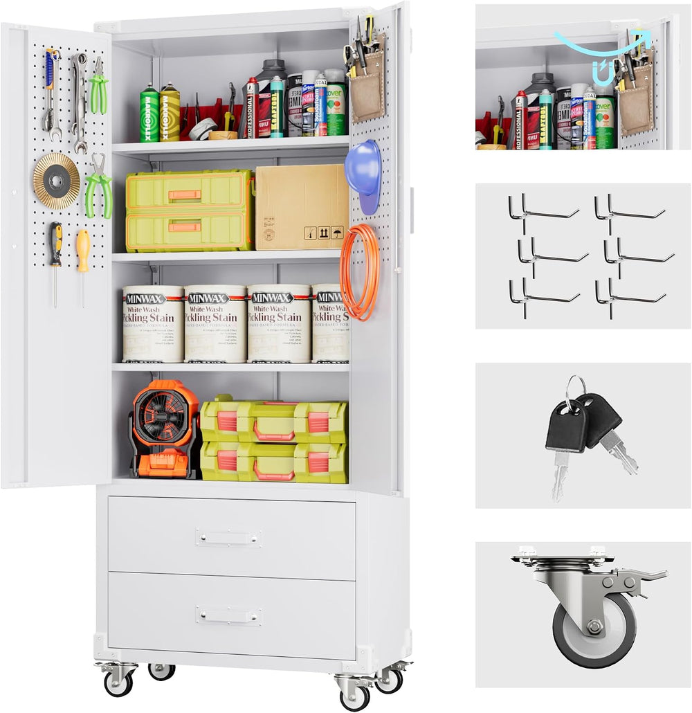 Metal Garage Storage Cabinet with Wheels, 2 Drawers and Pegboard, White