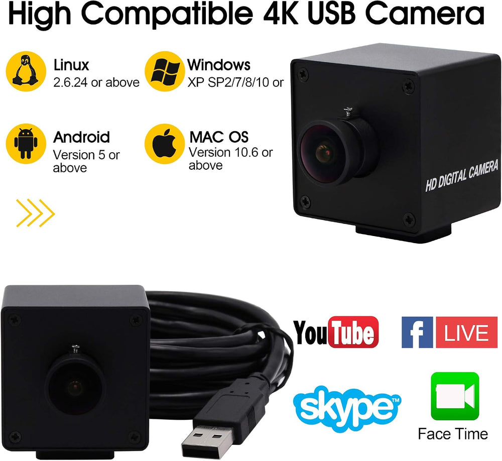 4K USB Camera for Computer, 4K/30FPS Fisheye Webcam with Microphone