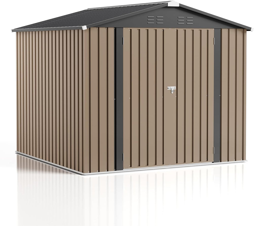 JUMMICO 8x8 FT Outdoor Storage Shed, Tool Metal Sheds, Brown