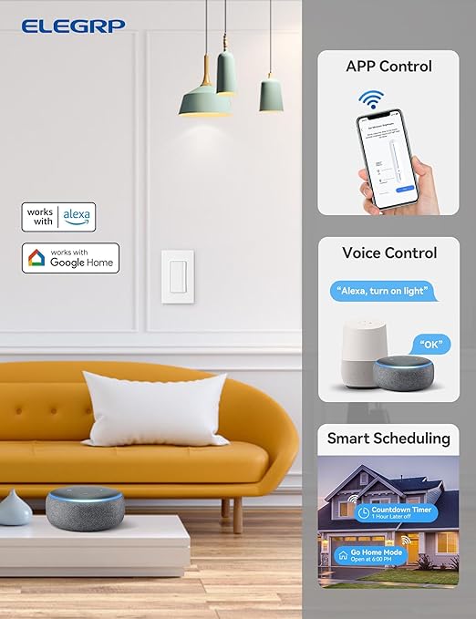 ELEGRP Single Pole Smart Dimmer Light Switch DPR10, 2.4GHz Wi-Fi Dimmer Switc...