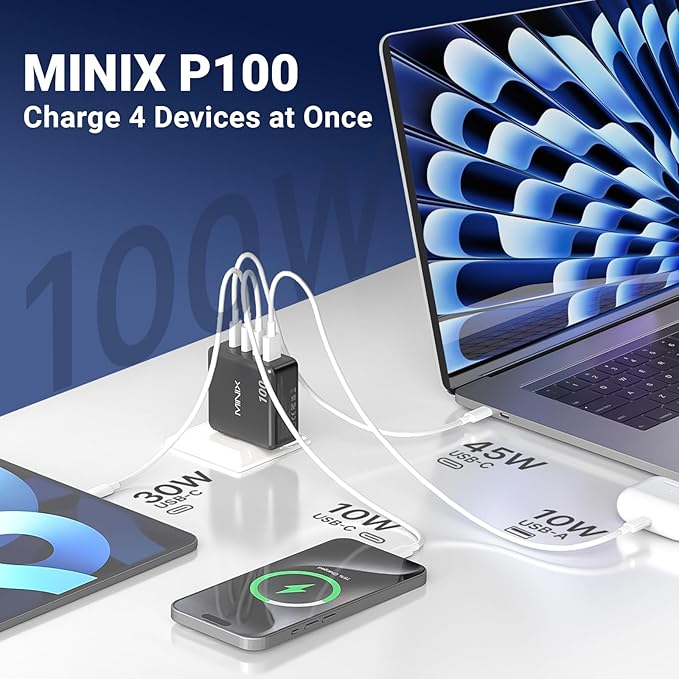 MINIX 100W USB C Charger, 4-Port Fast GaN Charger, Compact Foldable Wall Charger