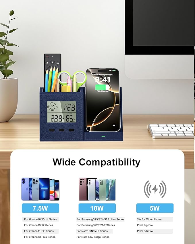 3-in-1 Wireless Charger with Pen Holder, Desk Clocks with Temperature and