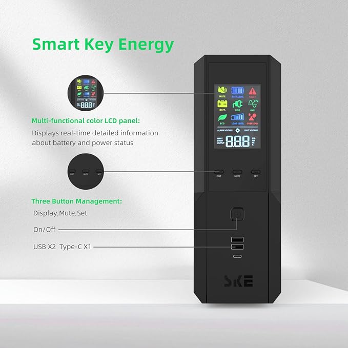SKE 1500VA/900W Small UPS Battery Backup & Surge Protector