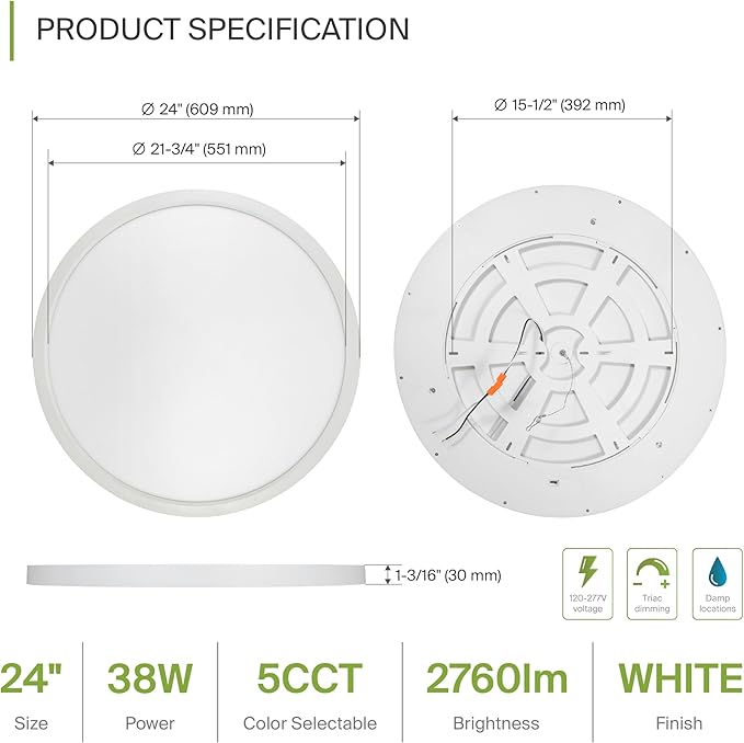 ASD LED 24" Round Flush Mount Ceiling Light Fixture, Low Profile Surface...