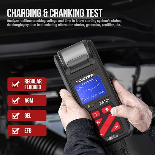 KONNWEI KW720 Car Battery Tester 6V 12V 24V W/Printer, Battery Load Tester