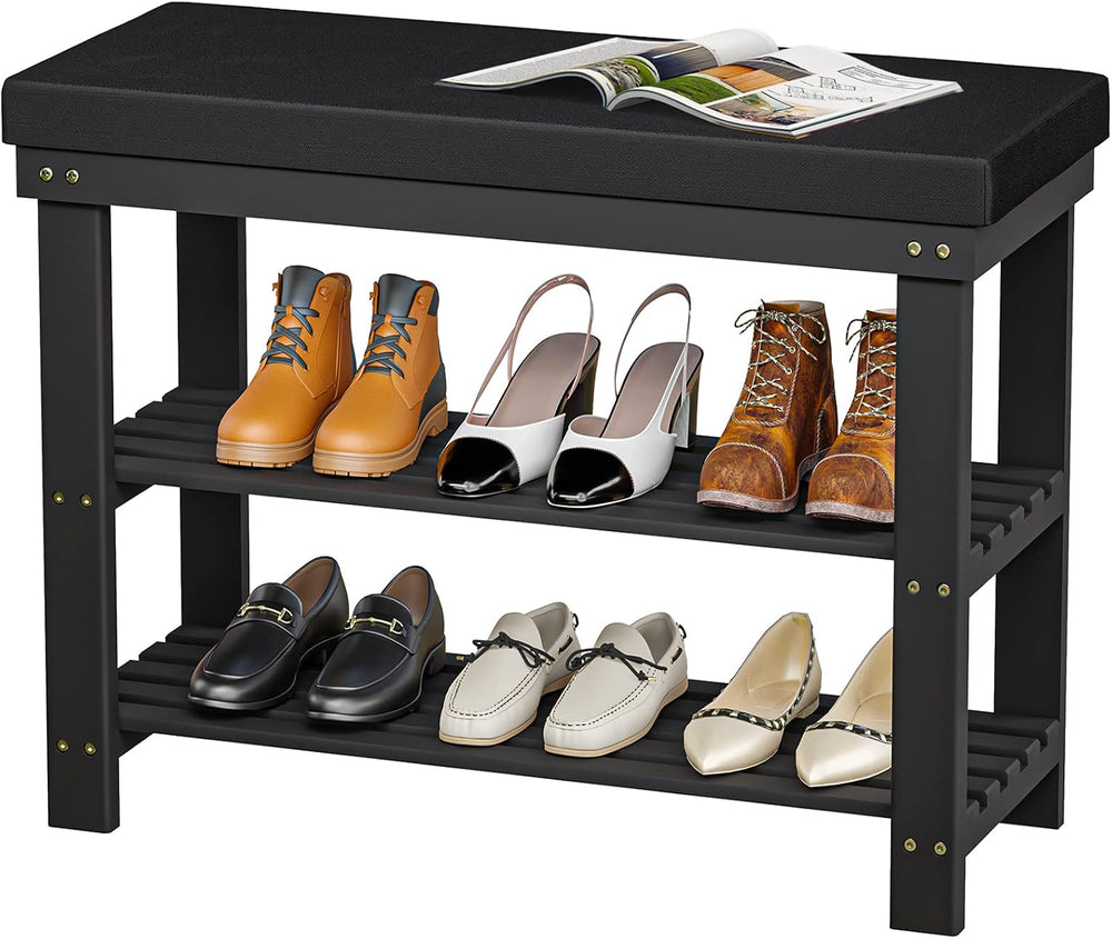 Domax Bamboo Shoe Bench with Cushion, 3-Tier Shoe Rack Organizer, Black