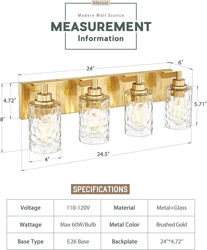 METWET 4-Light Bathroom Light Fixtures, 24.5 Inch Brushed Gold Vanity Lights