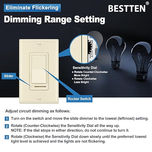 BESTTEN 6 Pack Dimmer Wall Light Switch, Compatible