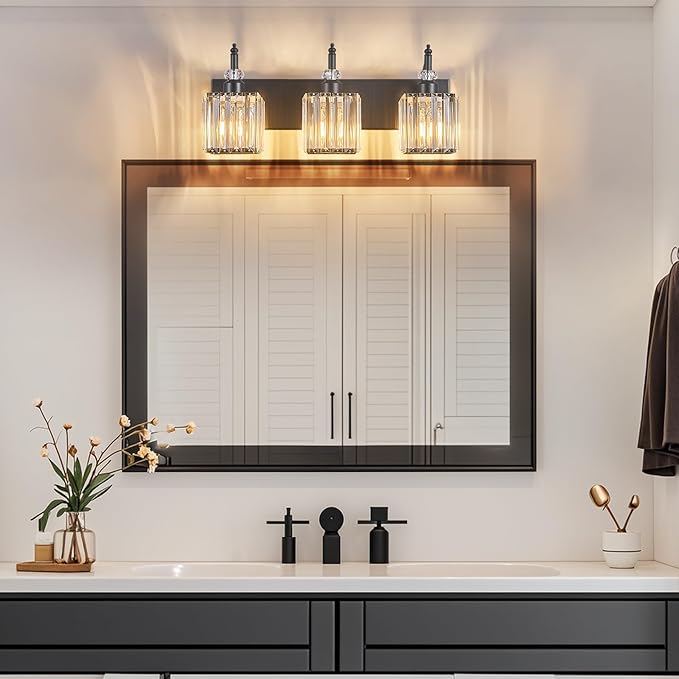 BBLLWJ Modern Bathroom Vanity Light 3-Light Black Crystal Light Fixtures Over