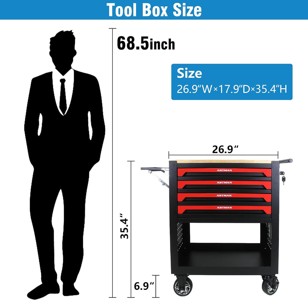 Lockable 4-Drawer Rolling Tool Chest with Wooden Top Workbench