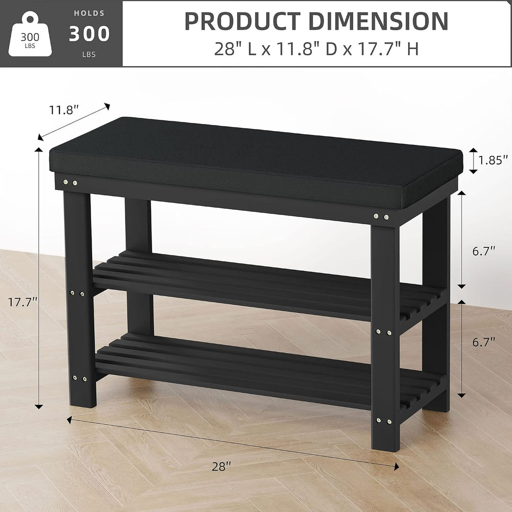 Domax Bamboo Shoe Bench with Cushion, 3-Tier Shoe Rack Organizer, Black