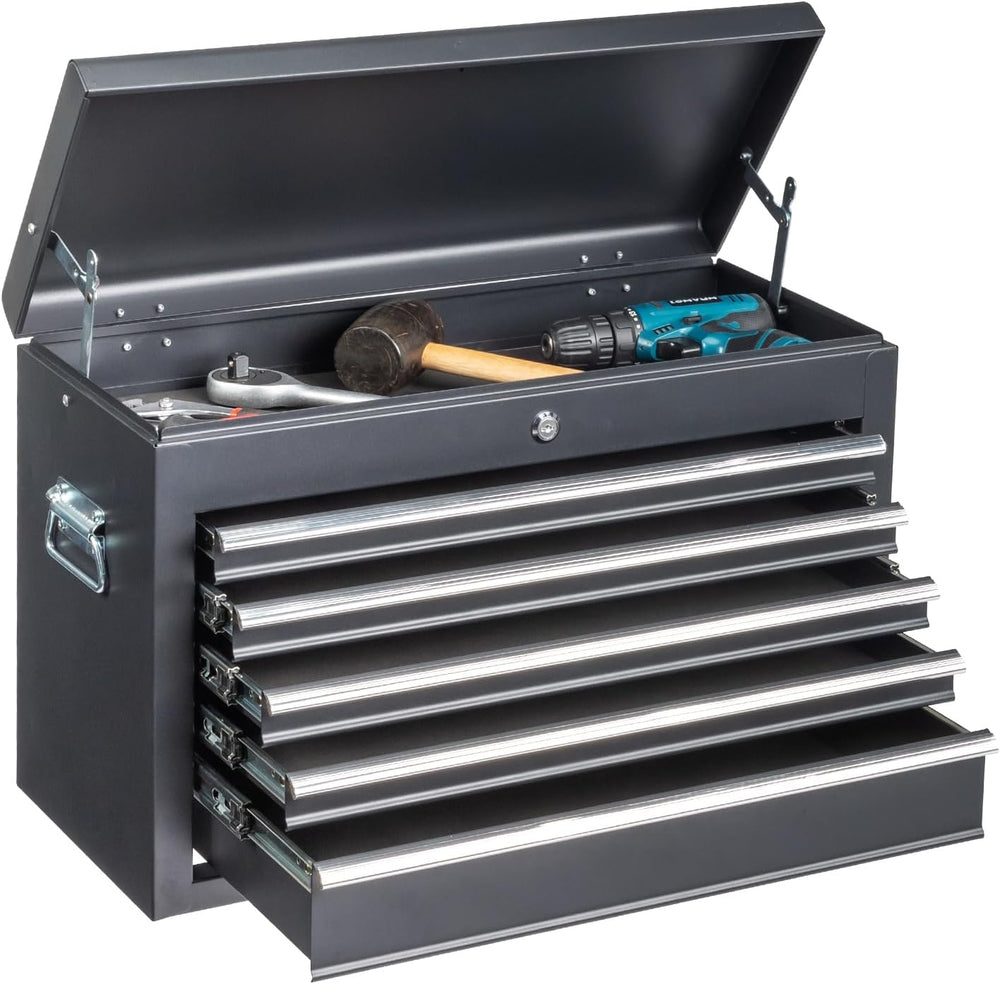 Winado 24" Portable Metal Tool Box, 5 Drawers Lockable Toolbox, Black