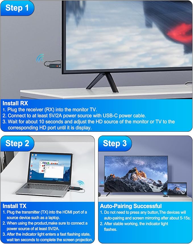 2026 Upgraded Wireless HDMI Transmitter and Receiver 328FT/100M, Plug & Play