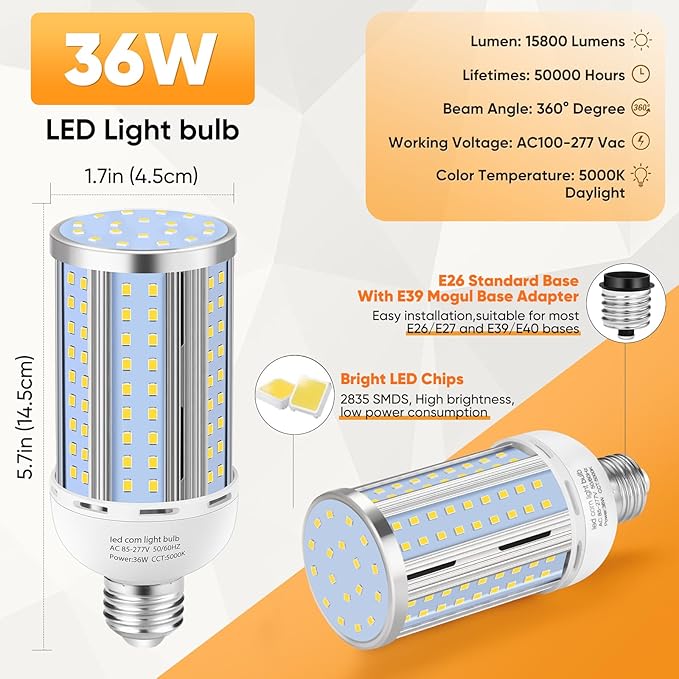 6 Pack 36W Corn LED Light Bulb, Fanless E26/E39 Medium/Large Mogul Base LED Cob