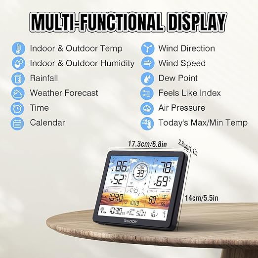 Raddy AG7 Weather Station Wireless Indoor Outdoor Thermometer, 7.4'' ...