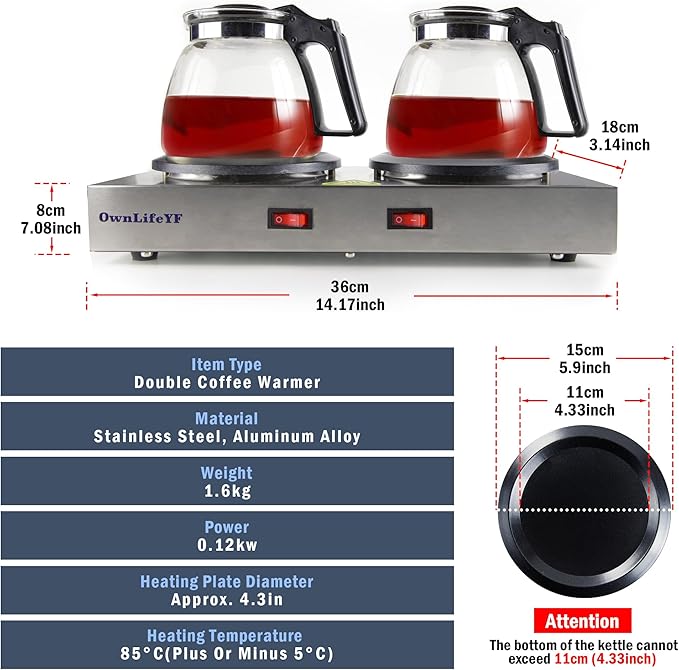 Commercial Double Coffee Carafe Warmer, Stainless Steel, 2 Burners Decanter
