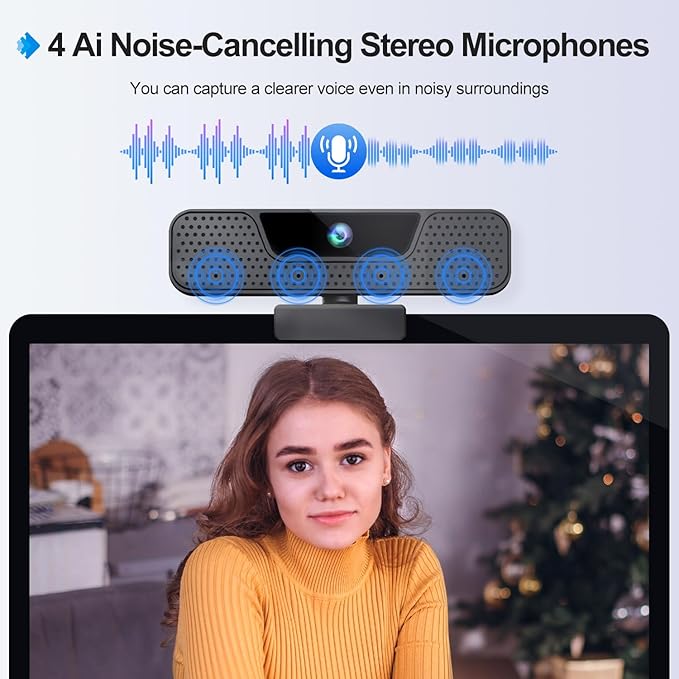 4K Auto Focus Webcam for PC, 4 AI Noise-Canceling Mics UHD Web cam, Auto Light