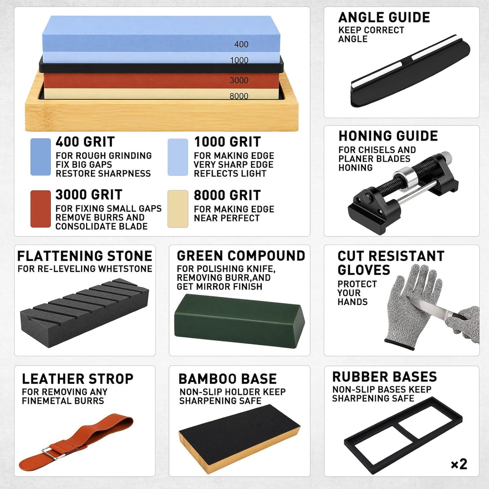 12-Piece Knife Sharpening Stone Set, Whetstone 4 Side 400/1000 3000/8000 Grit...