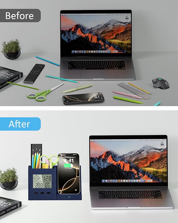3-in-1 Wireless Charger with Pen Holder, Desk Clocks with Temperature and