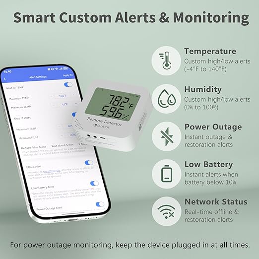 FALA IOT WiFi Temperature & Humidity Monitor, No Subscription 24/7 Remote...