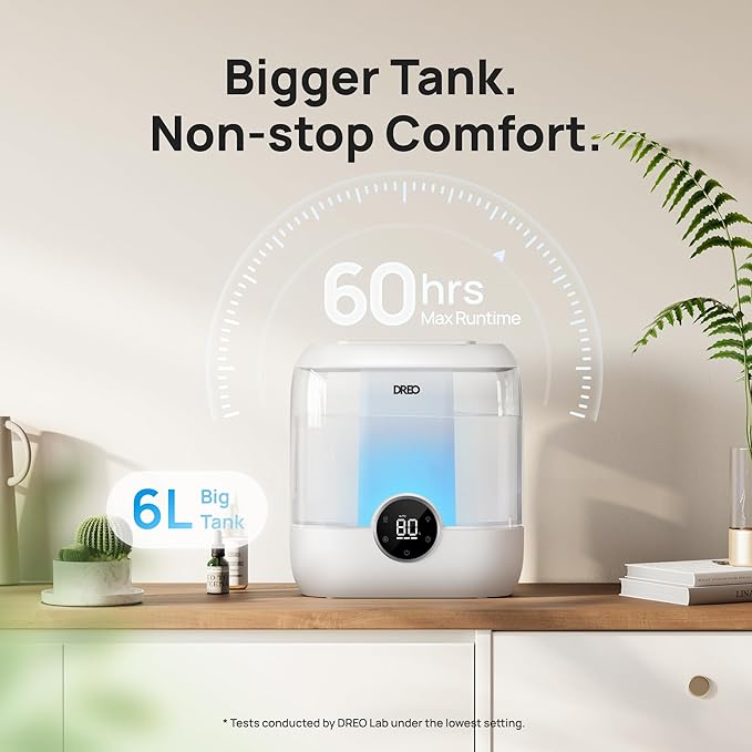 DREO 6L Top Fill Humidifiers for Bedroom, 60H Runtime 28 dB Quiet Supersized