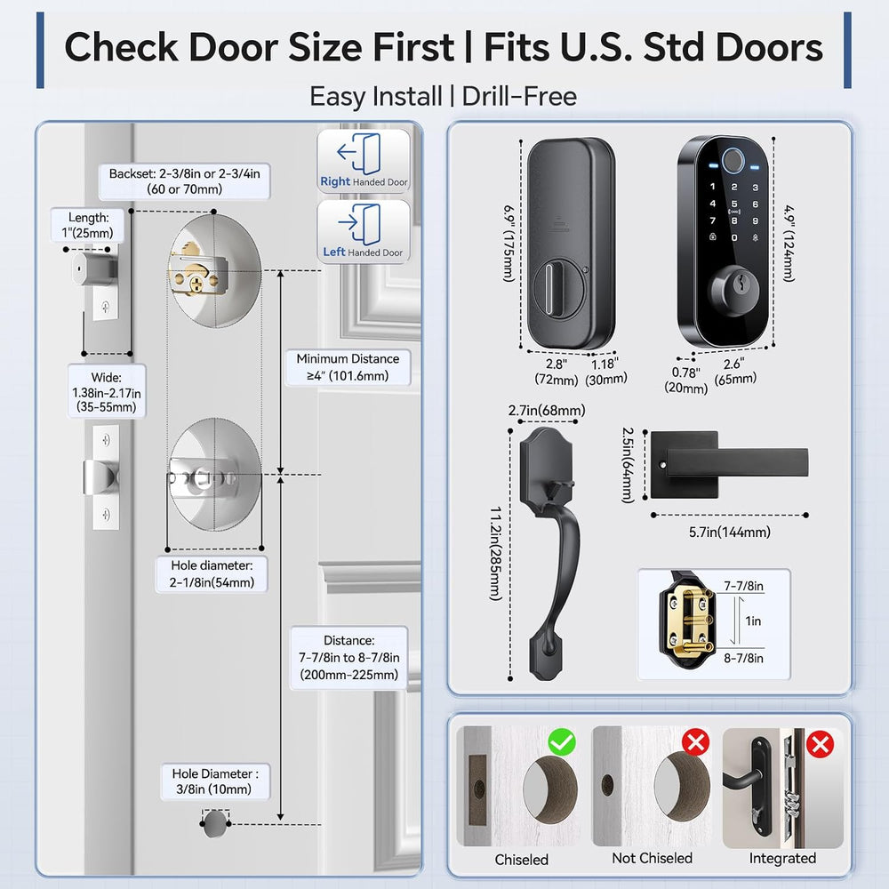 Ulecoce DL08H 7-in-1 Fingerprint Smart Door Lock for Front Door with Handle