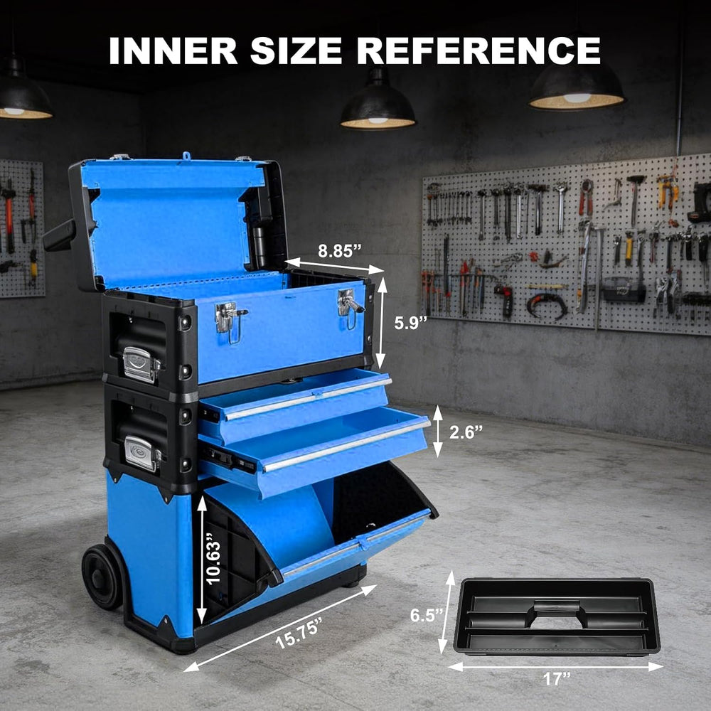 Stackable Rolling Tool Box Portable Metal Toolbox Organizer with Wheels and 2...