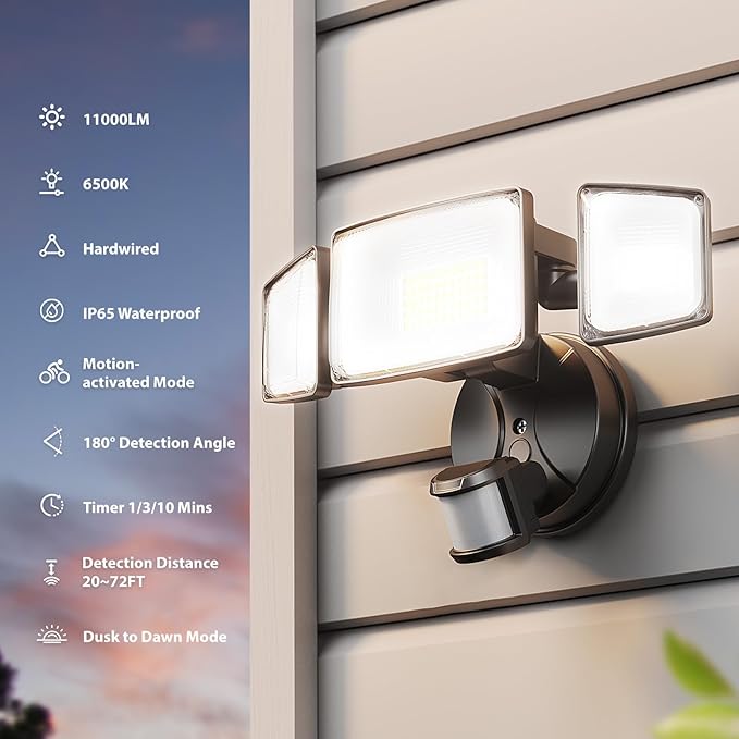 Onforu 2 Pack 100W 11000LM LED Motion Sensor Outdoor Lights, Dusk to Dawn Flood
