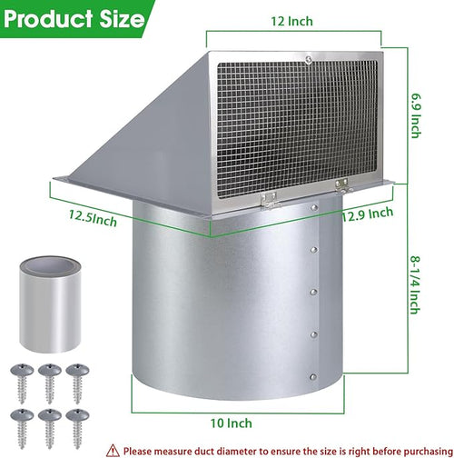 10 Inch Hooded Wall Vent with Screen and Damper, Outdoor Wall Exhaust Vent