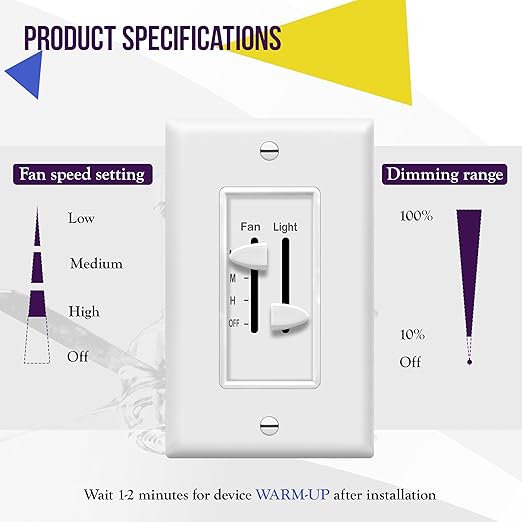ENERLITES 3 Speed Ceiling Fan Control and Dimmer Light Switch, 2.5A Single Po...