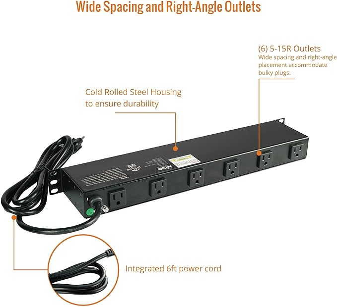 Tecmojo 1U Rackmount Network-Grade PDU Power Strip, 12 Wide-Spaced Right Angle