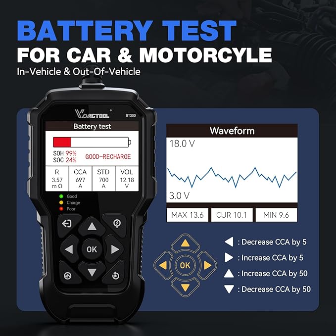 VDIAGTOOL BT300 Car Battery Tester 6V 12V, 5-3000 CCA Load Tester Starter