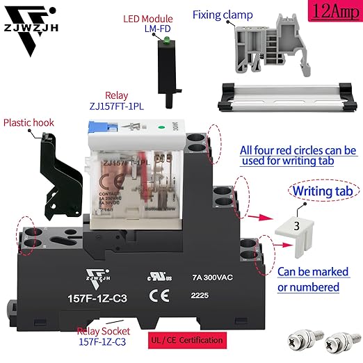 12 Pcs 12Amp Power Relay Switch UL Listed 24V DC Relay Coil, 5 Pin SPDT 1NO 1NC