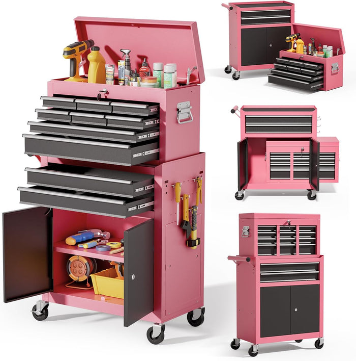 10-Drawer Rolling Tool Chest with wheels, Lockable 2-in-1 Tool Box