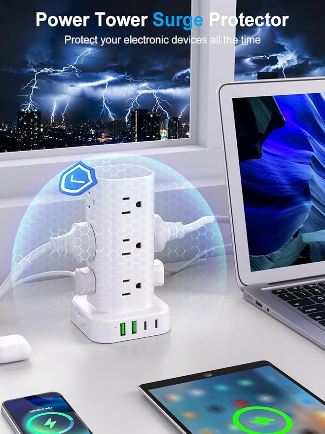 Power Strip Tower with Wireless Charger, Flat Plug Surge Protector Tower with