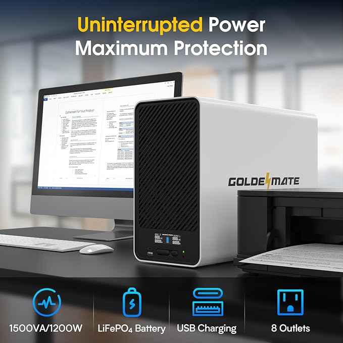 GOLDENMATE 1500VA/1200W Lithium UPS Battery Backup and Surge Protector