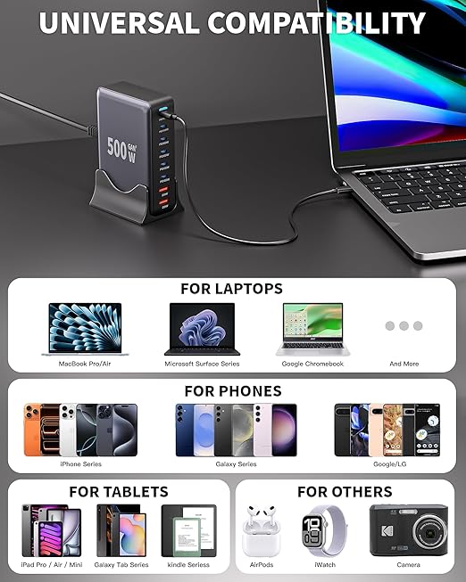 500W USB C Charger Block, GaN3 Charging Station 8-Port Fast USB Charger Block