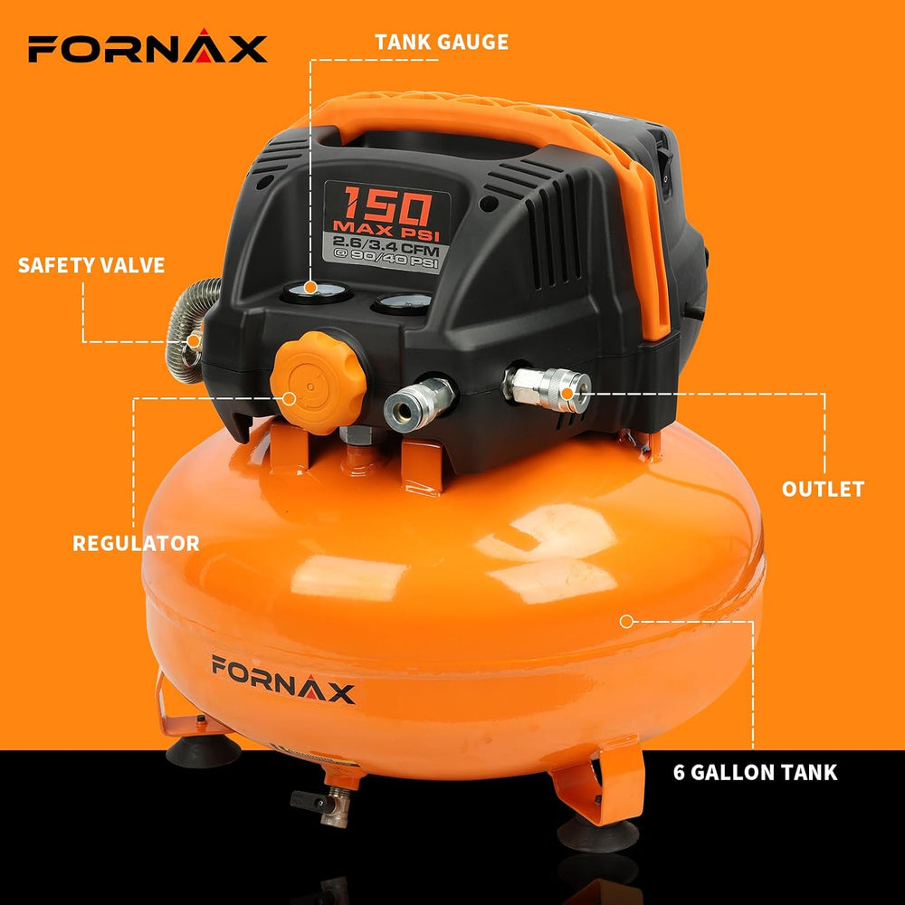 FORNAX Pancake Air Compressor with two couplers, 6 Gallon Portable Electric a...