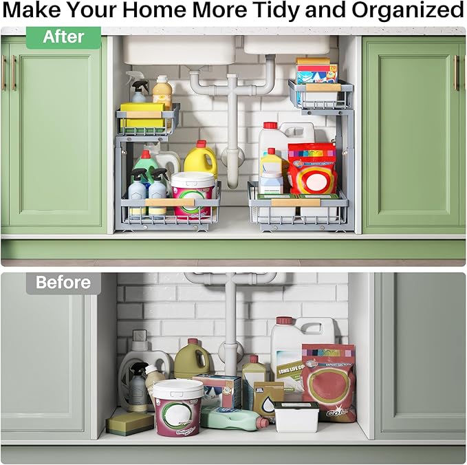 Kitstorack Under Sink Organizer, 2 Packs 2 Tier Under Sink Organizers and