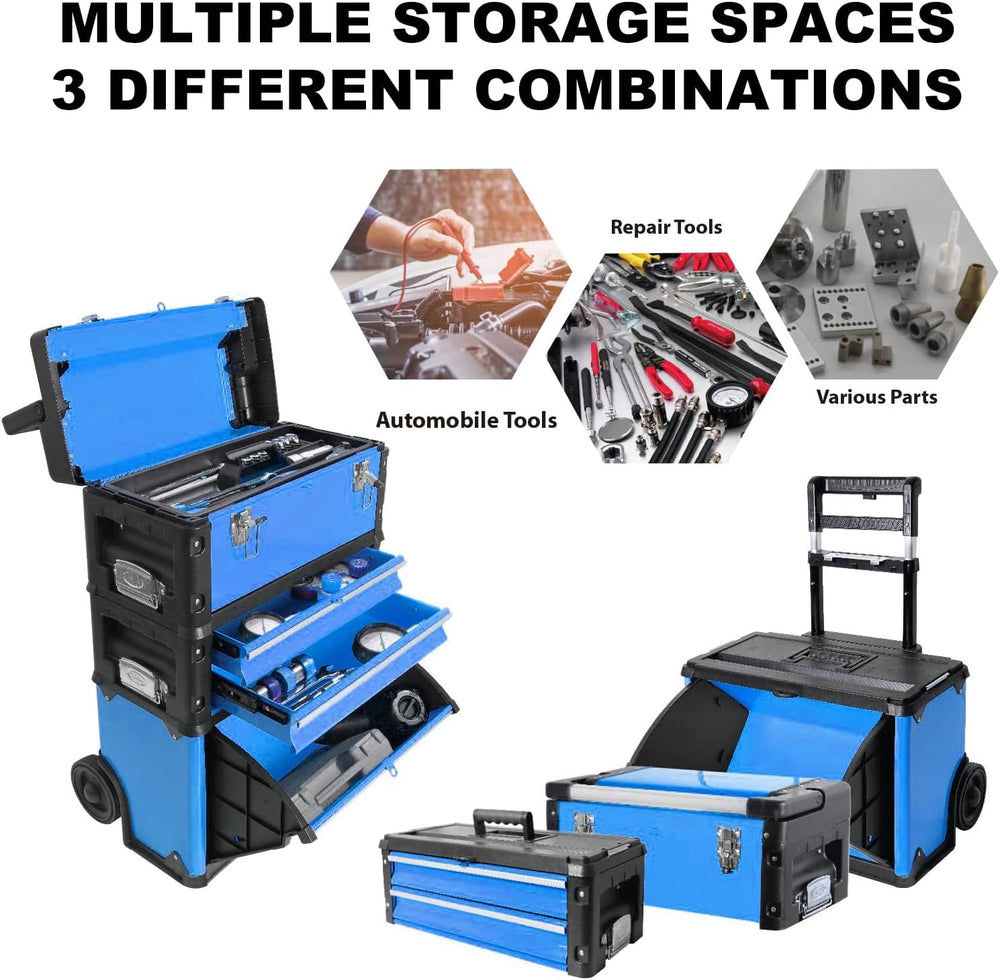 Stackable Rolling Tool Box Portable Metal Toolbox Organizer with Wheels and 2...
