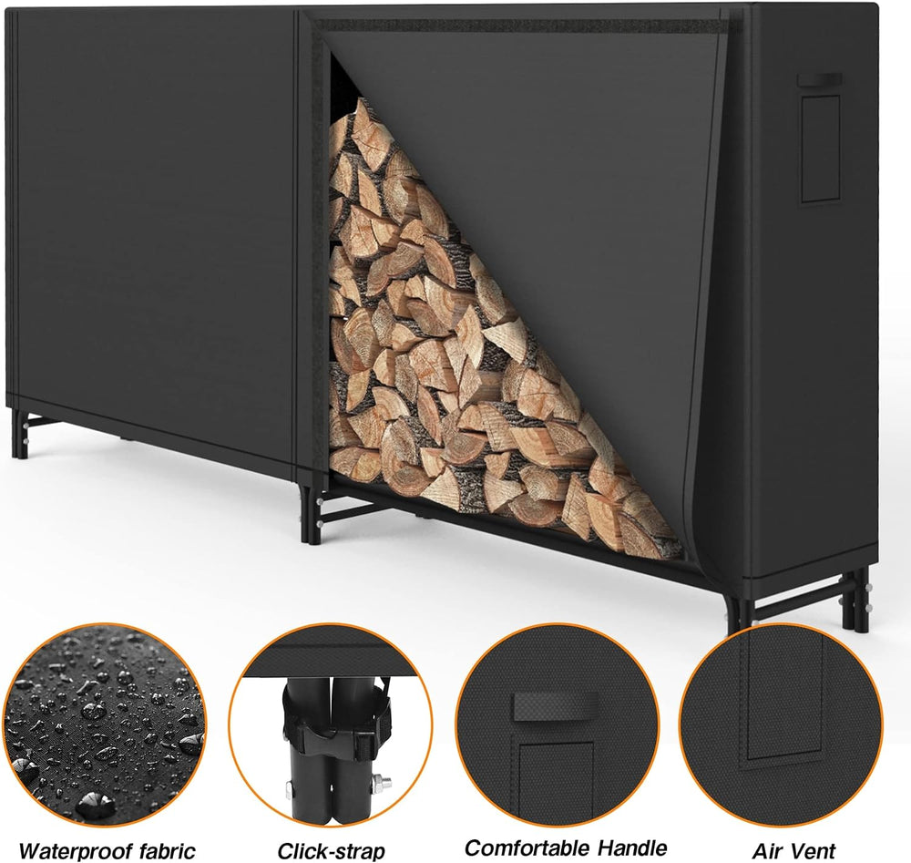 8ft Firewood Rack Outdoor with Oxford Fabric Cover Set, Weather Resistant Fir...