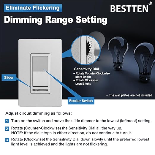 BESTTEN 10 Pack Matte Silver Dimmer Light Switch, Single Pole or 3-Way