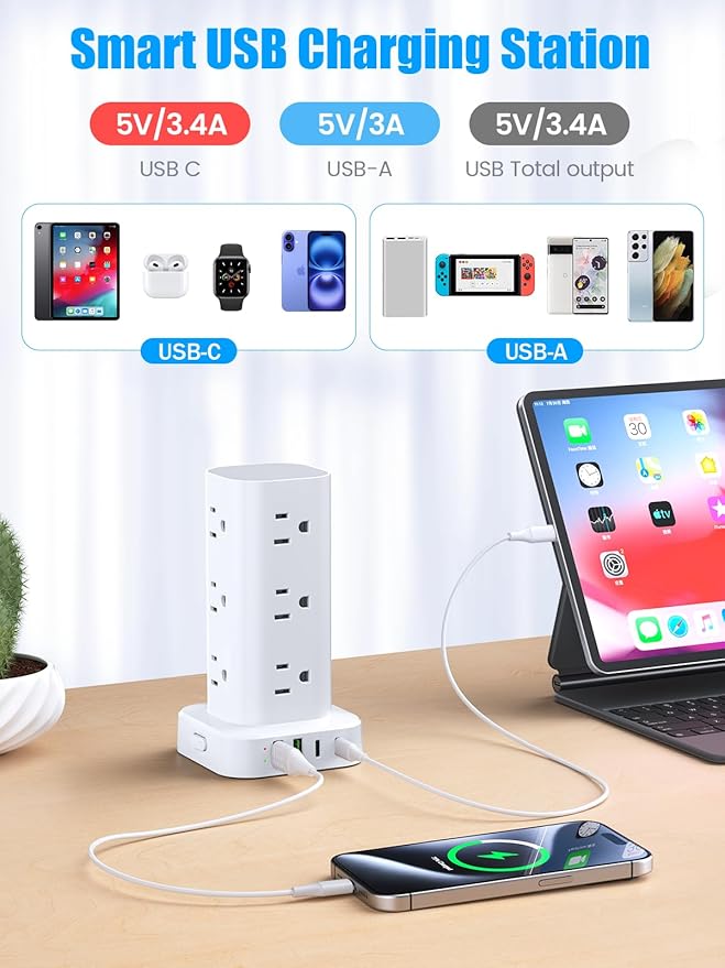 Tower Power Strip with 15W Wireless Charger, 6FT Flat Plug Extension Cord with