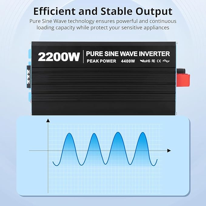 2200W Pure Sine Wave Inverter, 1 USB Port 5v/2.4a, LCD Display&Remote Con...