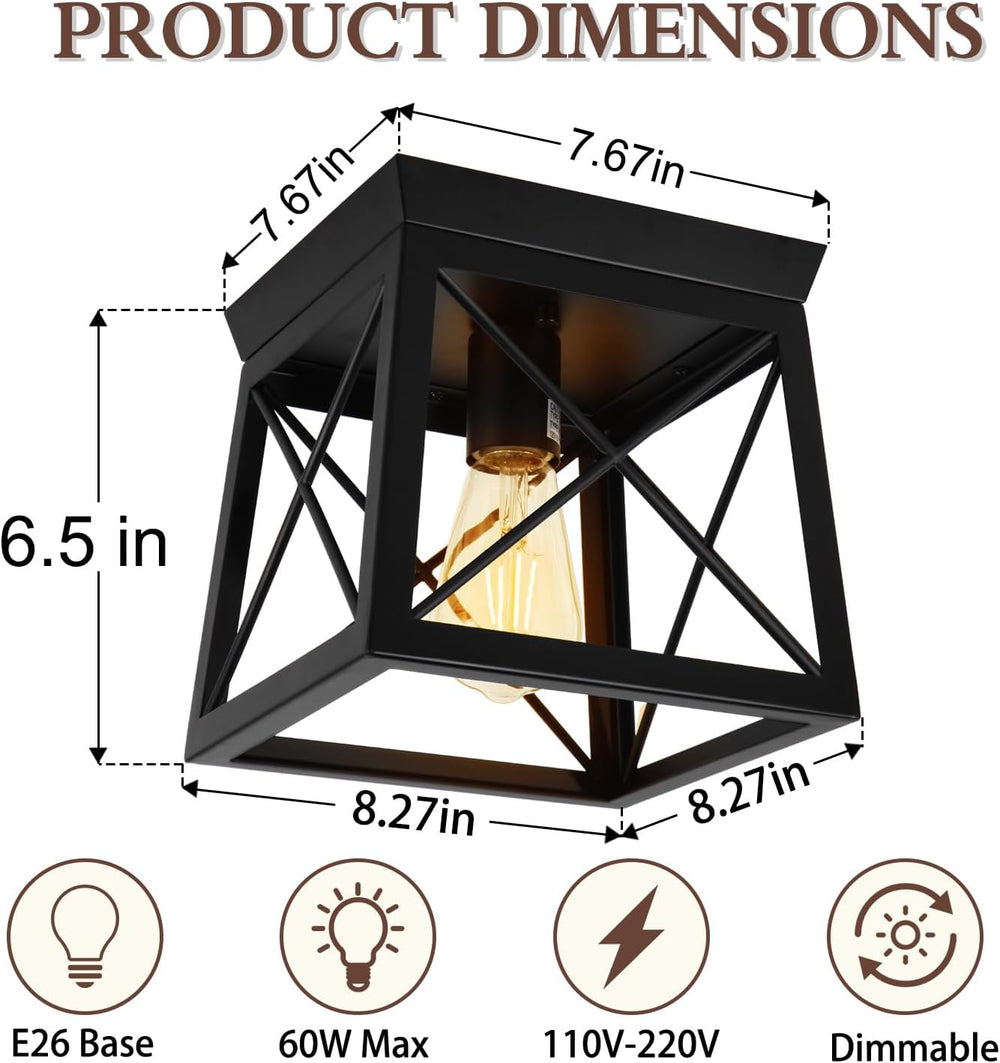 1 Light Black Industrial Flush Mount Ceiling Light Fixture - Square Farmhouse...